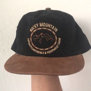 VINTAGE TRUCKER HAT DENVER COLORADO ROCKY MOUNTAIN ASPHALT BLACK AND LEATHER